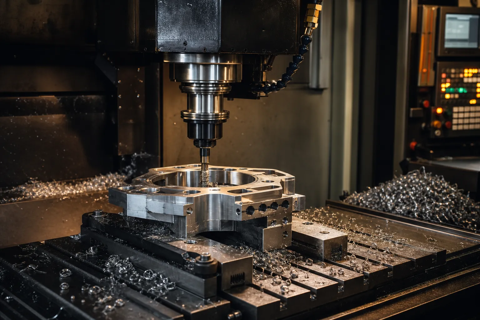Vertical CNC milling centre machining a precision metal component MHIL