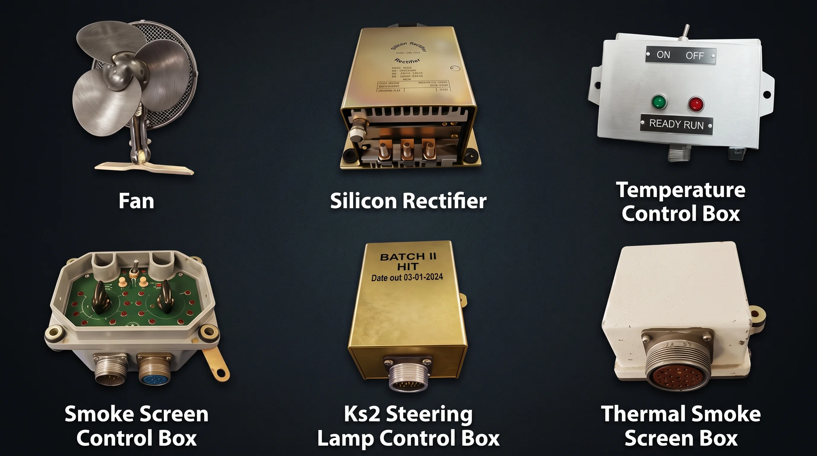 Vehicle electrical MRO components including rectifiers, control boxes, and smoke screen systems