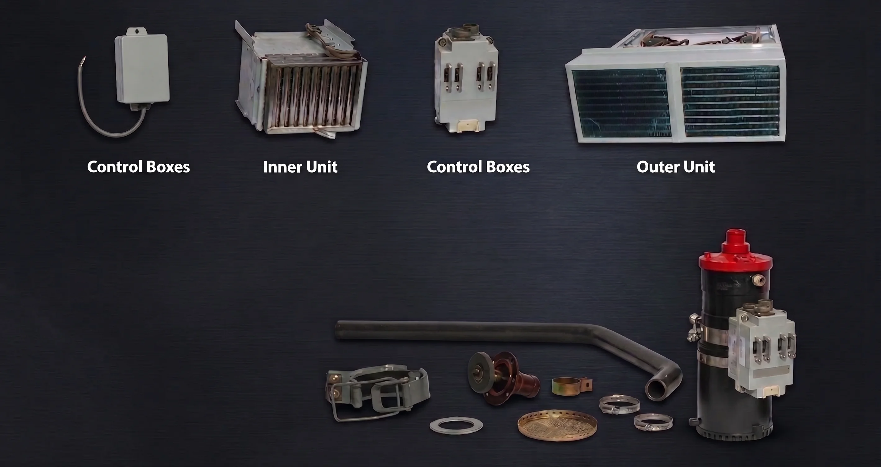 Armoured vehicle environmental control units, heat exchangers, piping, and mounting hardware